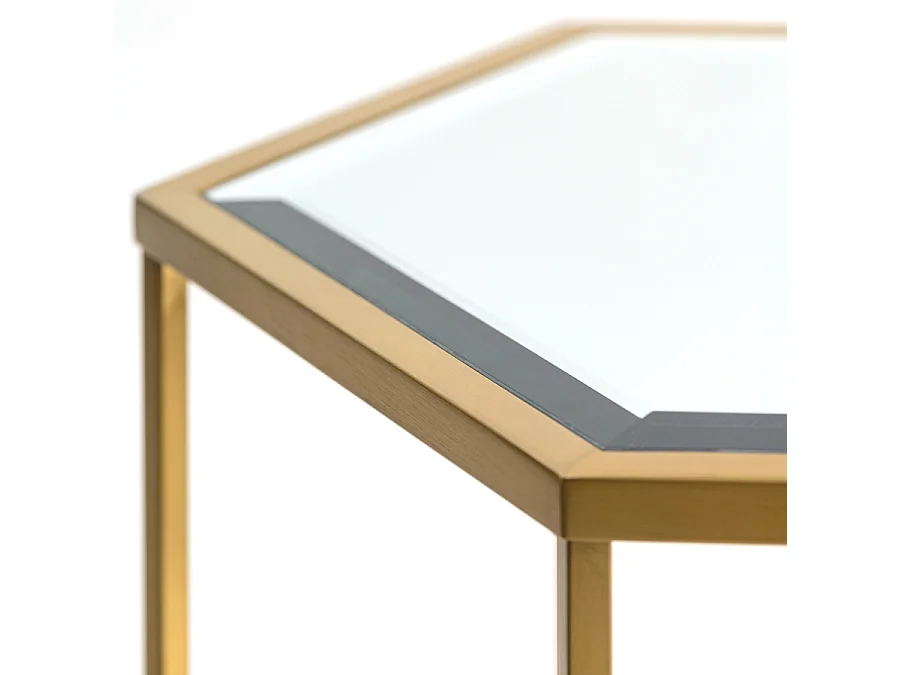 Alveare Brass Hexagonal Side Table, Brushed Stainless Steel Frame, Toughened Bevelled Mirror