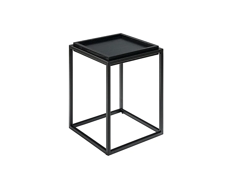 Mae Side Table, Square Contemporary Side Table with Ash Veneer Top and Black Satin Steel Frame