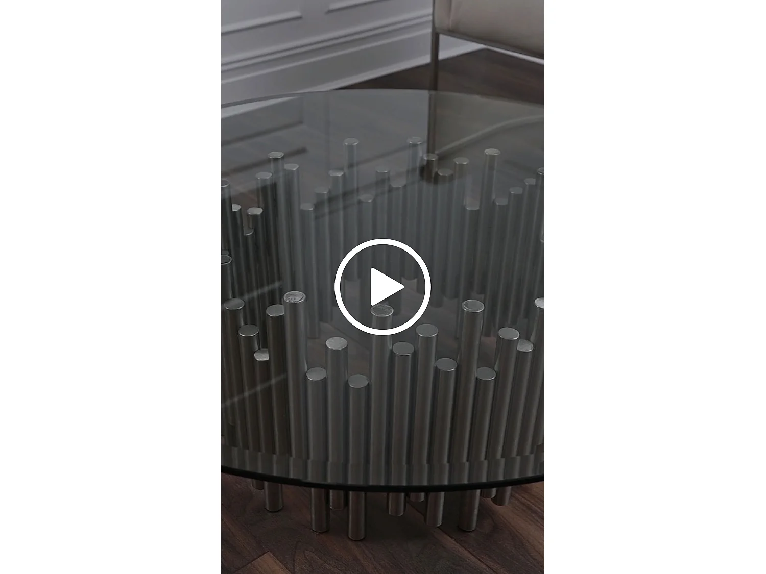 Rubell Silver Side Table, Art Deco Brushed Stainless Steel Base, Toughened Bevelled Glass Top