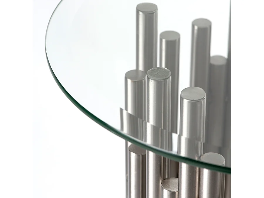 Rubell Silver Side Table, Art Deco Brushed Stainless Steel Base, Toughened Bevelled Glass Top