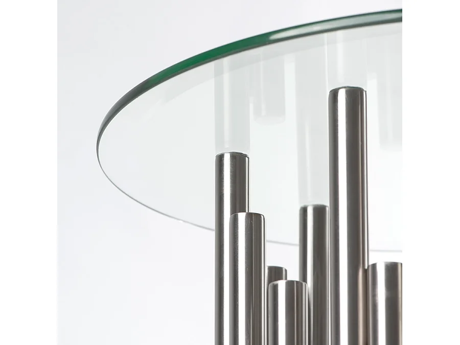 Rubell Silver Side Table, Art Deco Brushed Stainless Steel Base, Toughened Bevelled Glass Top