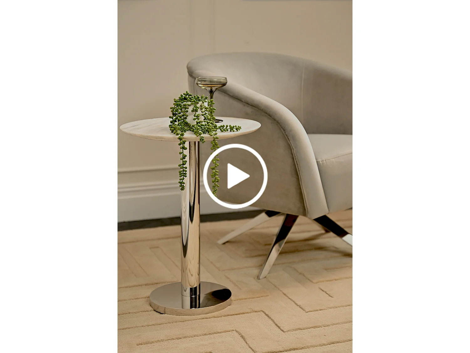 Parker Silver Side Table - Round Marble Top, Mirror-Polished Spun Aluminium Base, 60 cm Height
