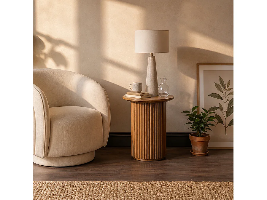 Ophelia Chestnut Side Table, Oak Veneer, Japandi-Inspired 45x60 cm