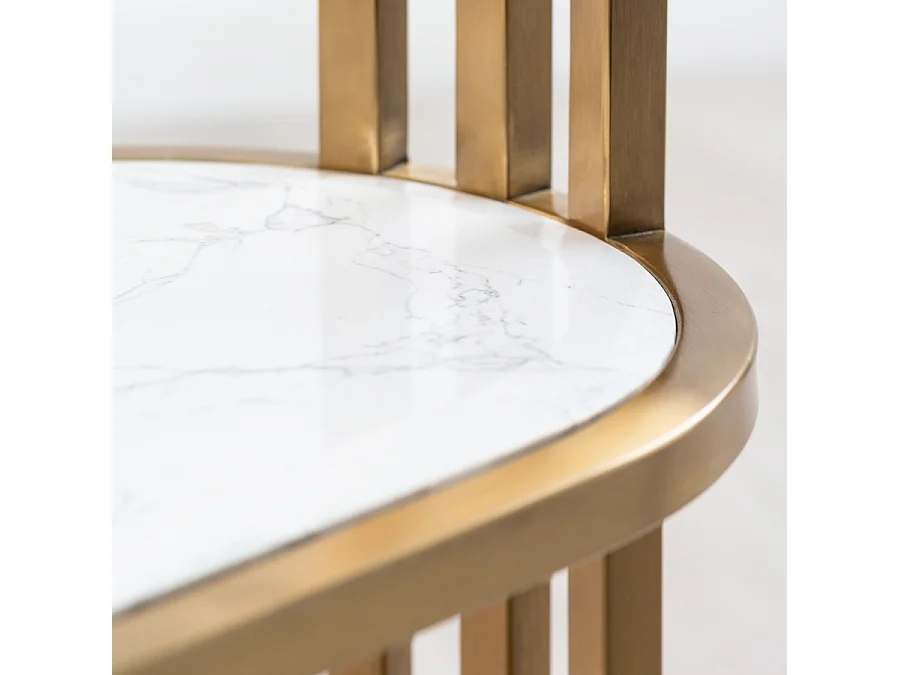 Aria Art Deco Side Table, Brass Finish, Glass Top, Marble Shelf