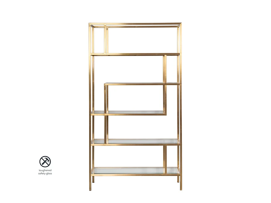 Otto Brass Shelf Unit - 5-Tier Brushed Brass Stainless Steel Frame with Toughened Glass
