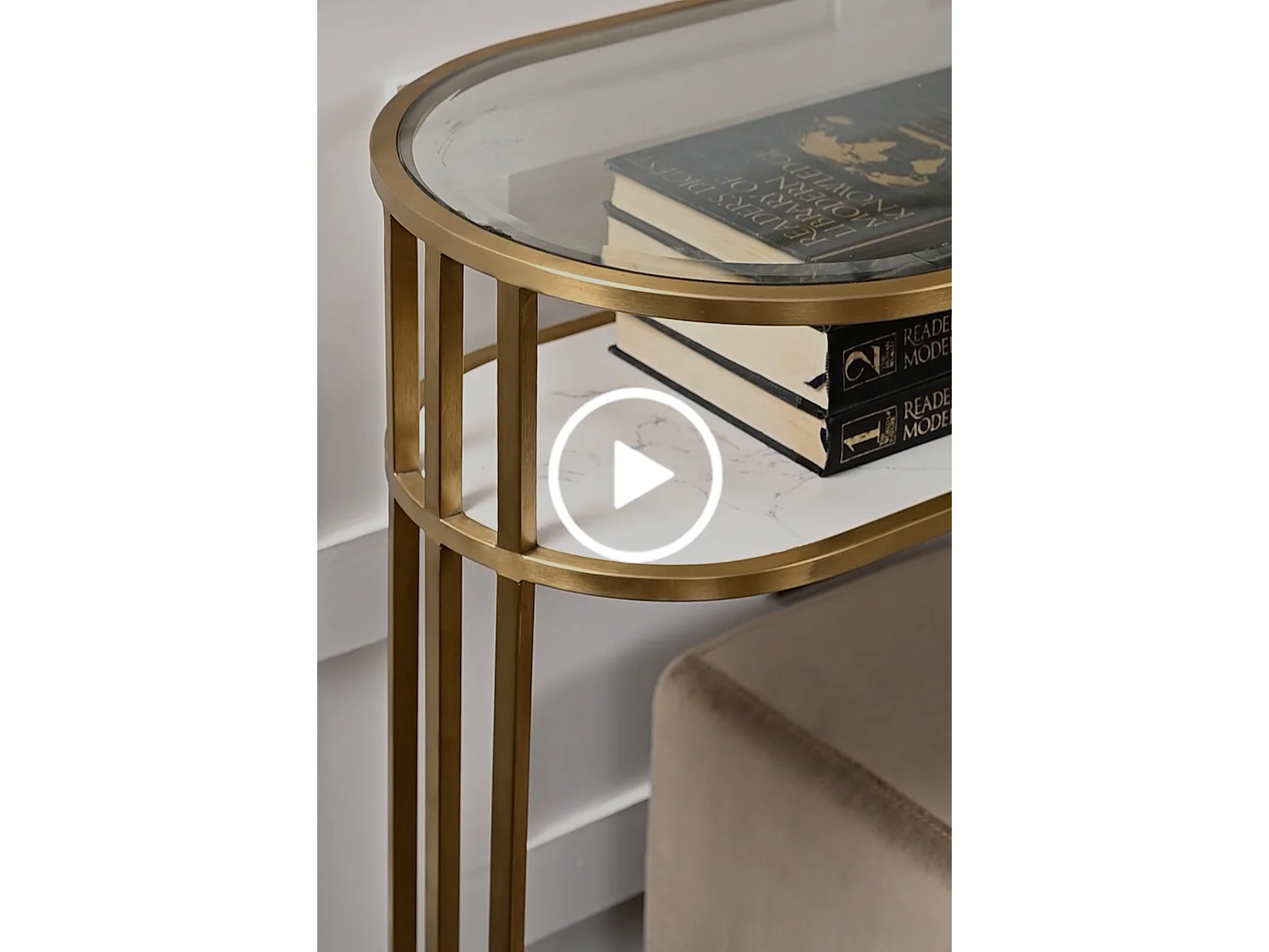 Aria Console Table, Art Deco Brass Finish, Glass Top, Marble Shelf