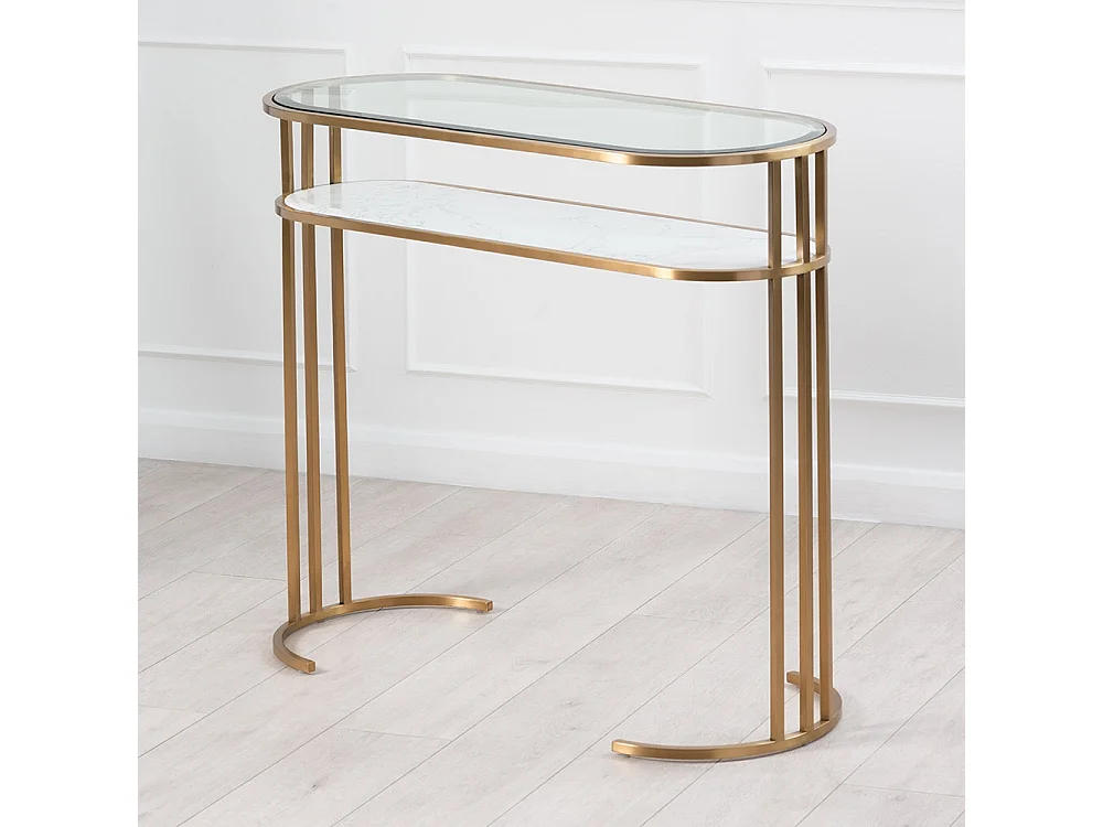 Aria Console Table, Art Deco Brass Finish, Glass Top, Marble Shelf