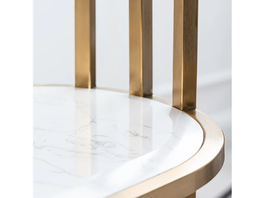 Aria Console Table, Art Deco Brass Finish, Glass Top, Marble Shelf