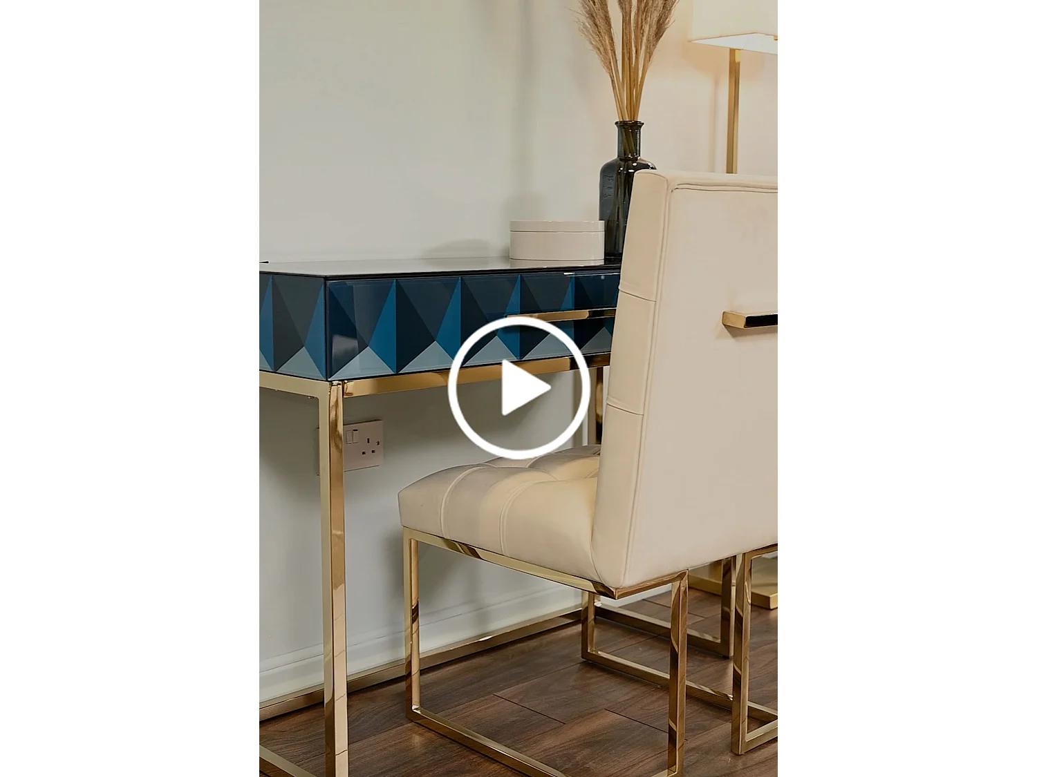 Eyos Console Table, Toughened Black Glass Top with Blue Graphic, Steel Legs with Polished Brass Finish