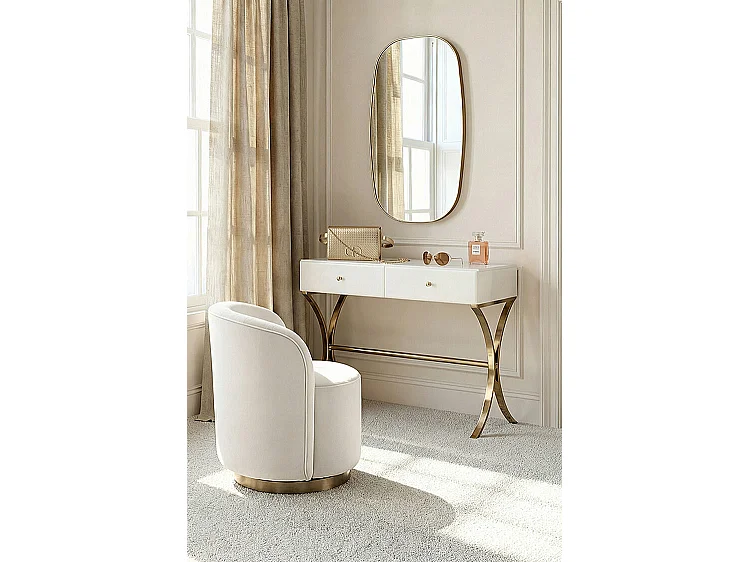 Aurelia White Glass Console Table with Champagne Gold-Plated Base and Two Drawers