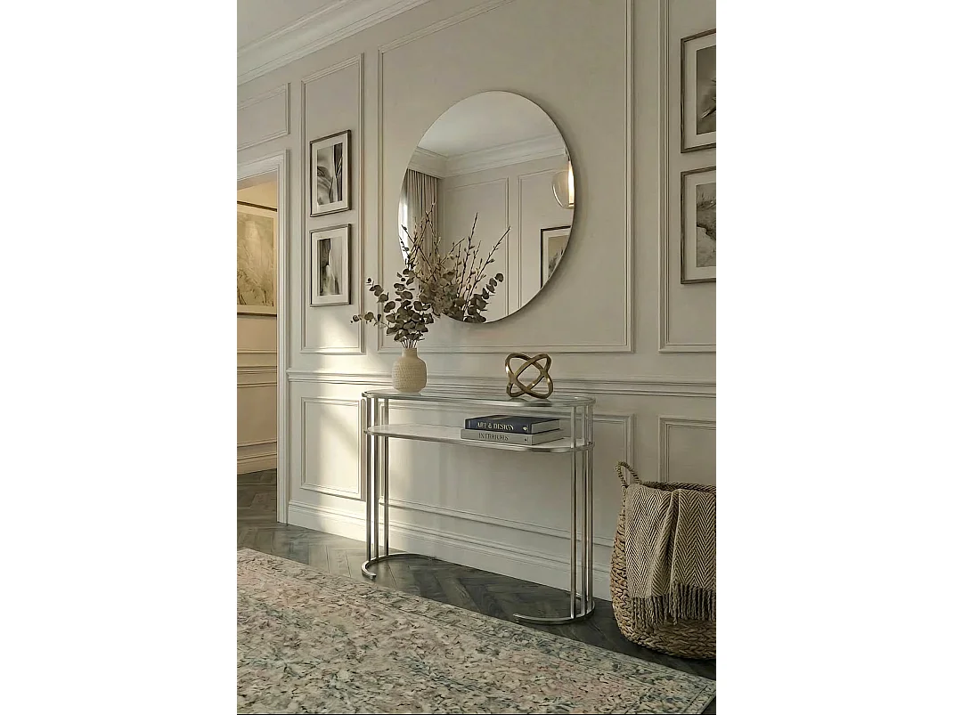 Aria Console Table Silver - Art Deco Brushed Stainless Steel, Glass Top, Marble Shelf