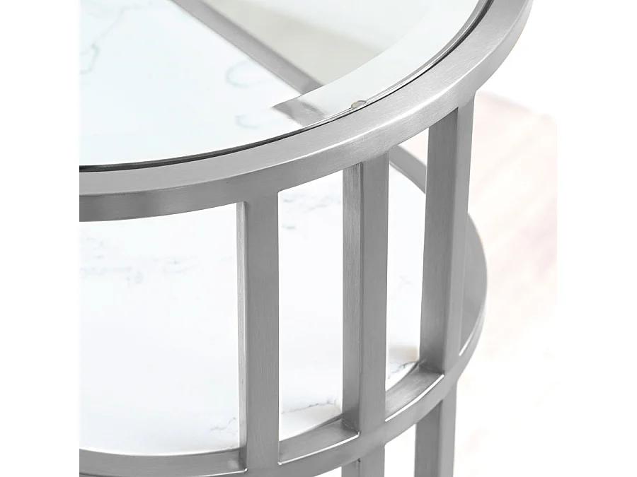 Aria Console Table Silver - Art Deco Brushed Stainless Steel, Glass Top, Marble Shelf