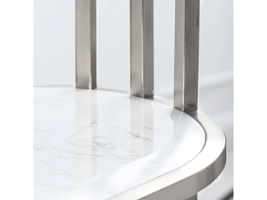 Aria Console Table Silver - Art Deco Brushed Stainless Steel, Glass Top, Marble Shelf