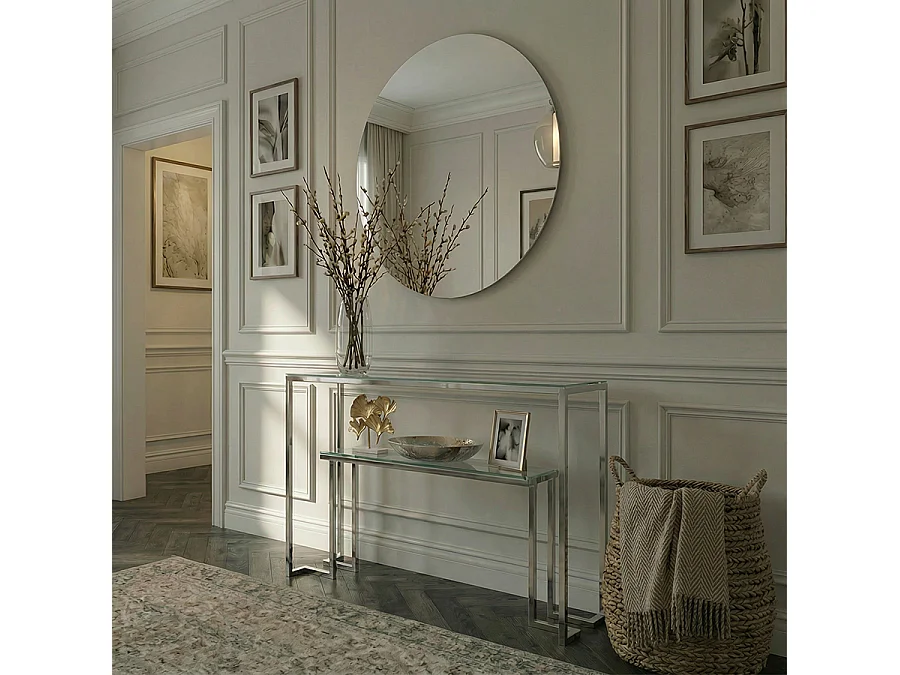 Anta Silver Console Table - Mirror-Polished Chrome Frame, Toughened Glass Shelf