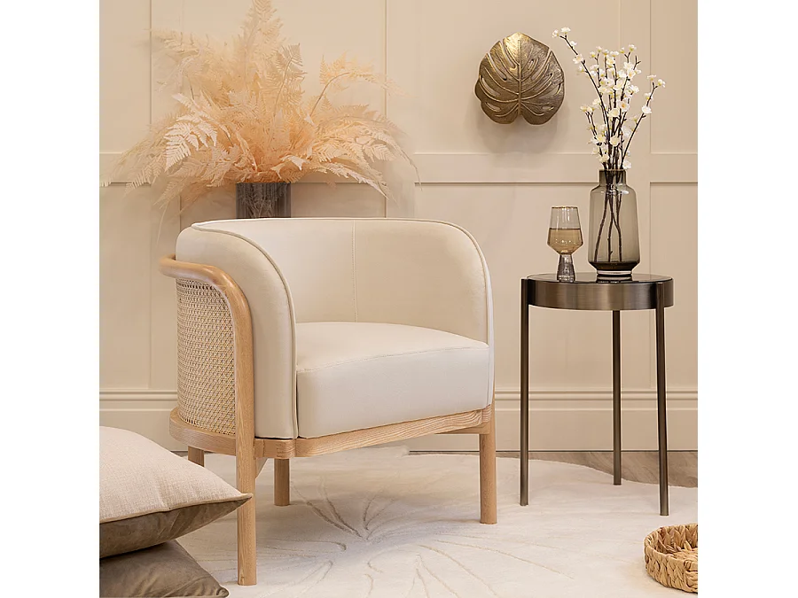 Millie Tub Chair - Chalk Velvet, Ash Frame with Woven Wicker Panels