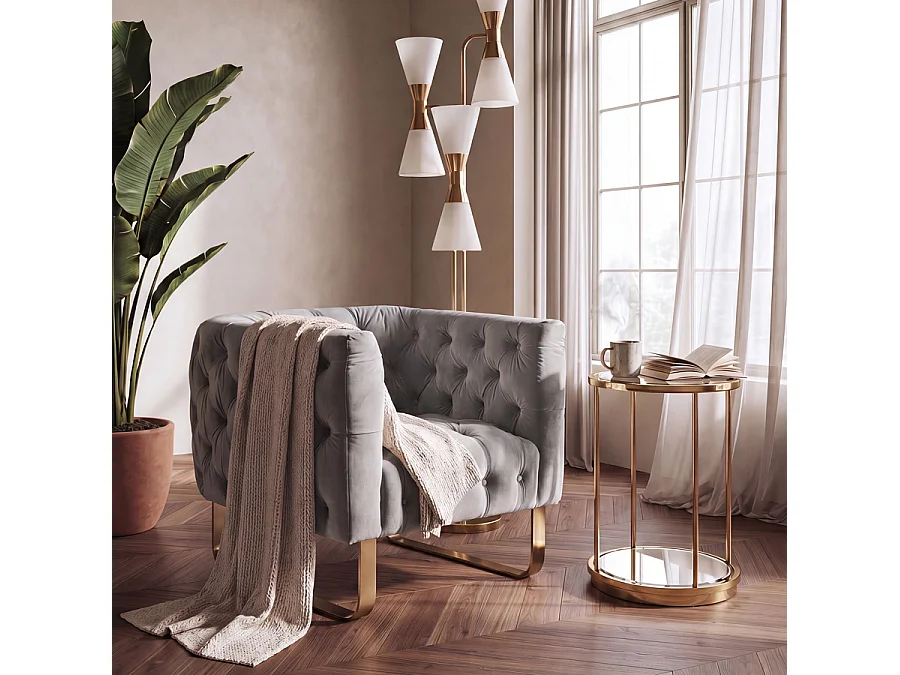 Grosvenor Deep Buttoned Club Armchair - Dove Grey Velvet - Brushed Brass Base