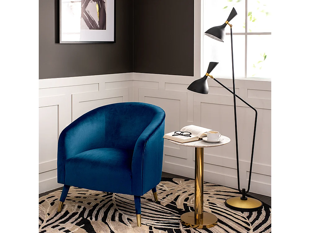 Bellucci Navy Blue Velvet Armchair - Quilted Back, Brass-Capped Legs