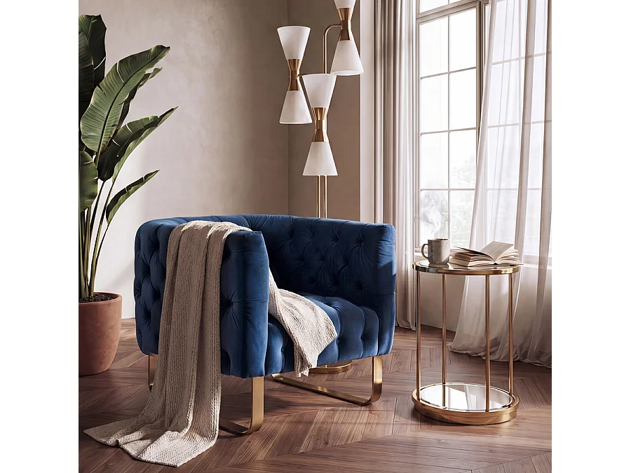 Grosvenor Deep Buttoned Club Armchair - Navy Blue Velvet - Brushed Brass Base