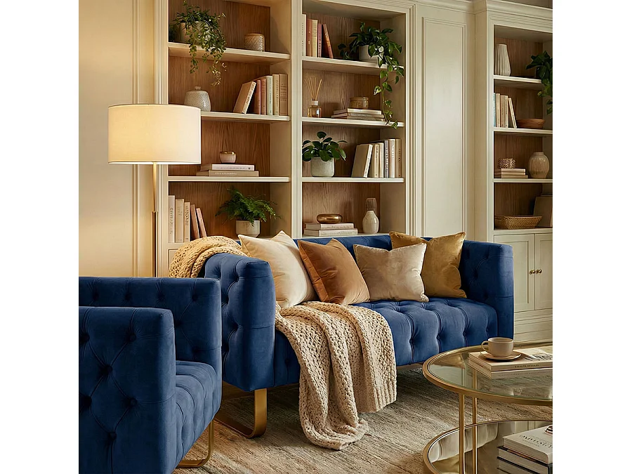 Grosvenor Deep Buttoned Club Armchair - Navy Blue Velvet - Brushed Brass Base
