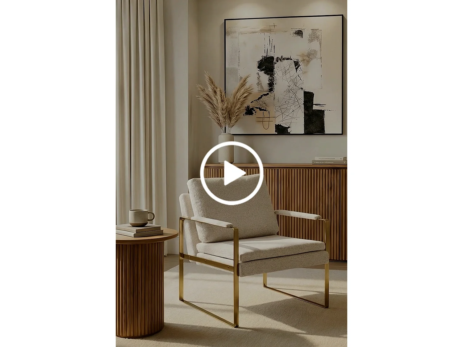 Solaris Lounge Chair - Oatmeal, Minimalist Chenille Upholstery, Brass-Effect Steel Frame
