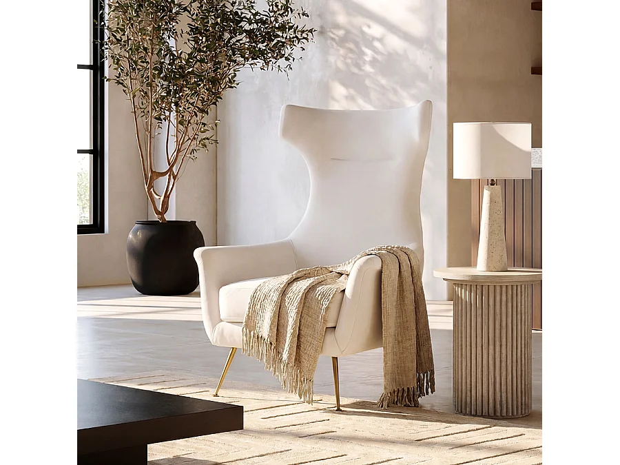 Lulu Armchair Chalk - Sculptural High-Back Velvet Chair with Brushed Brass Legs
