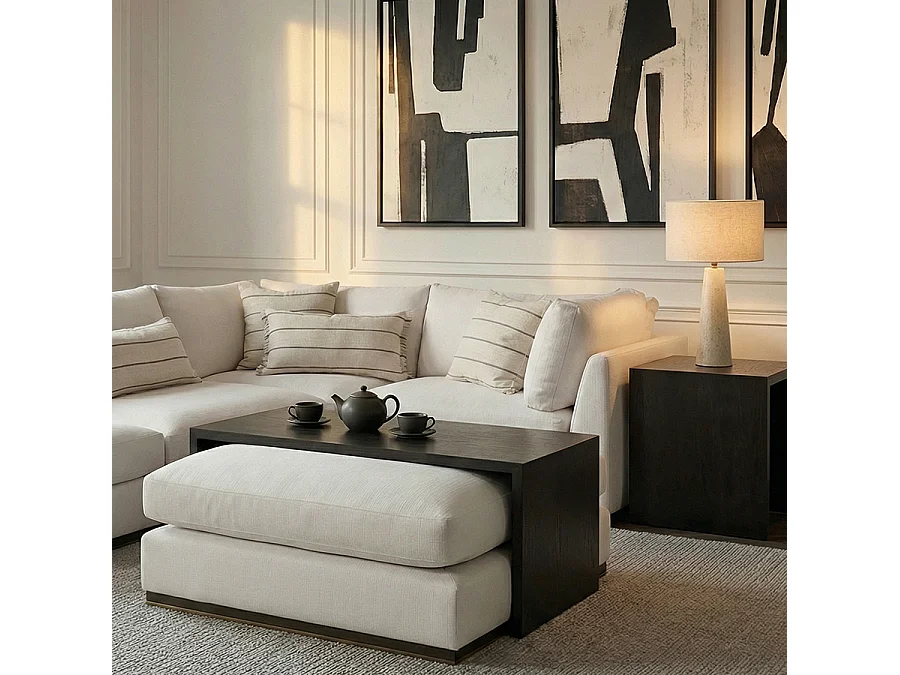 Burbank Footstool with Layered Coffee Table, Linen-Effect Upholstery, Ash Base