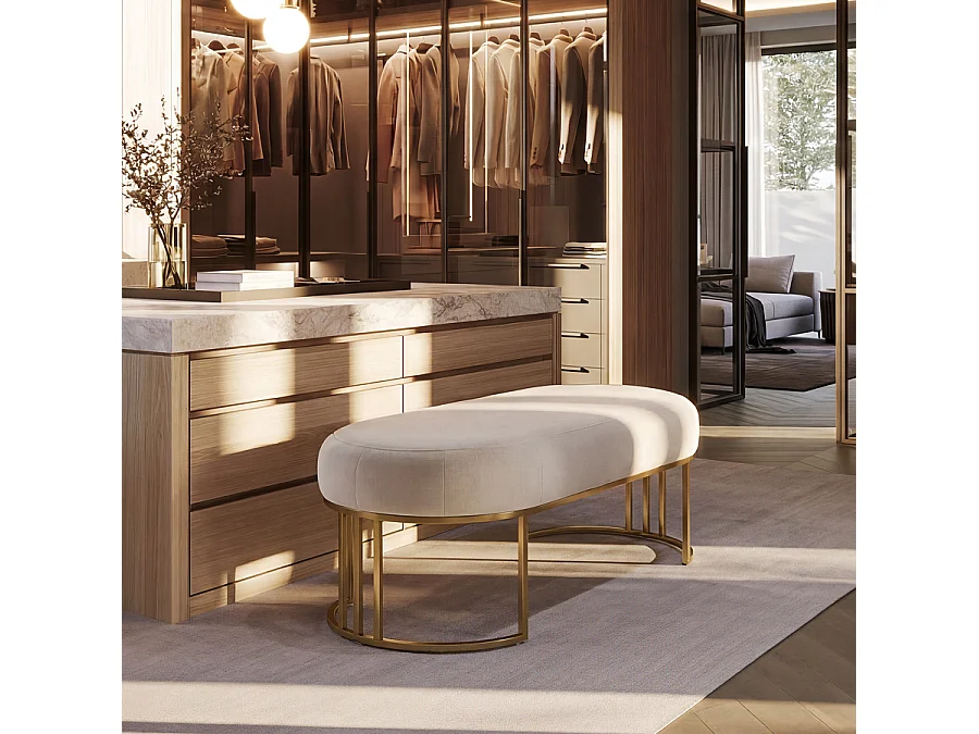 Aria Bench - Art Deco Velvet Upholstered Bench with Brushed Stainless Steel Brass Finish