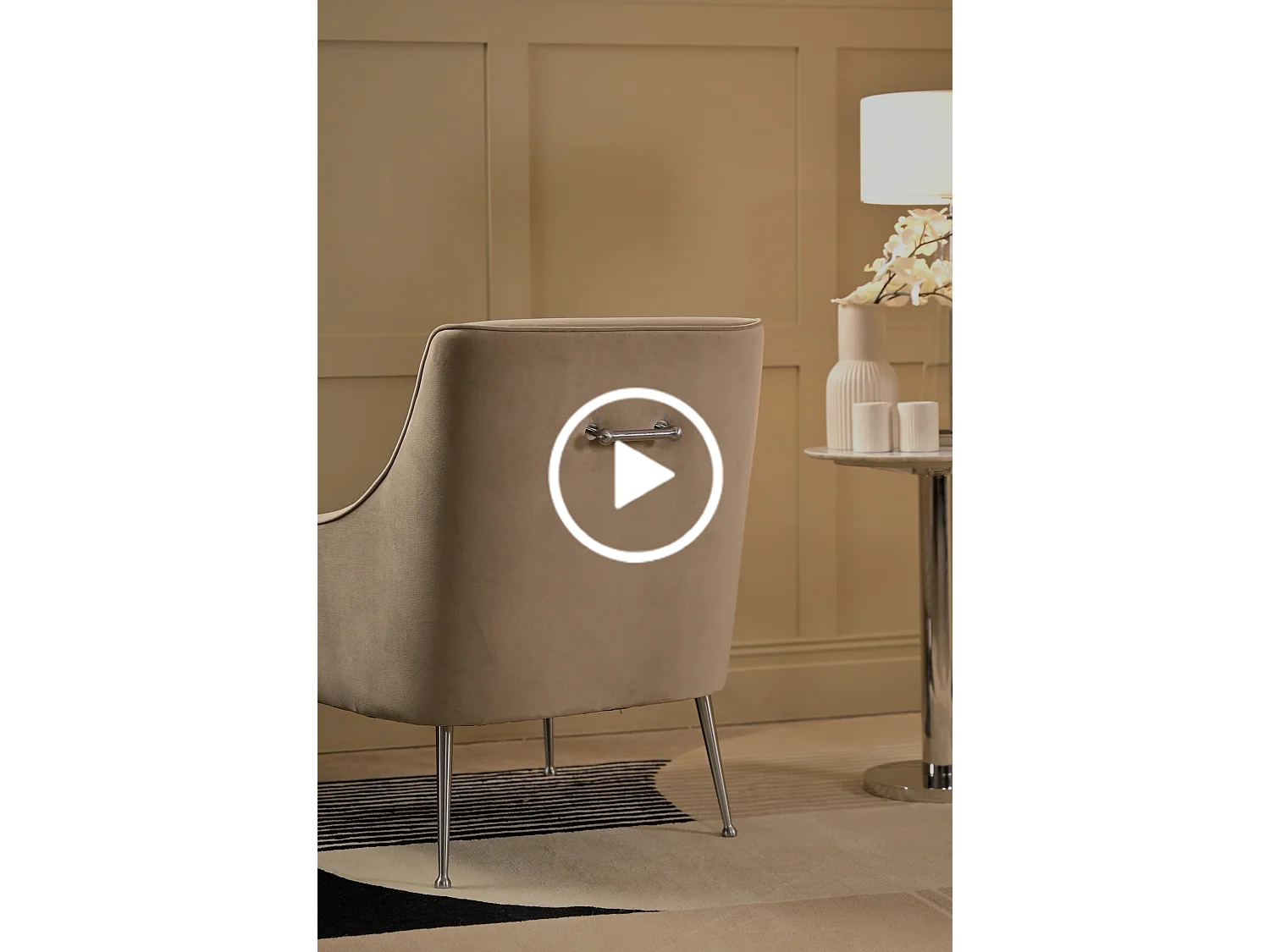Mason Lounge Chair Taupe - Velvet Tub Armchair with Silver Legs and Brushed Brass Accents