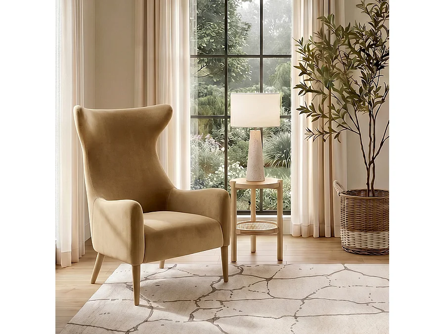 Delta Camel Velvet Wingback Armchair - Ergonomic Club Tub Chair with Headrest and Lumbar Support