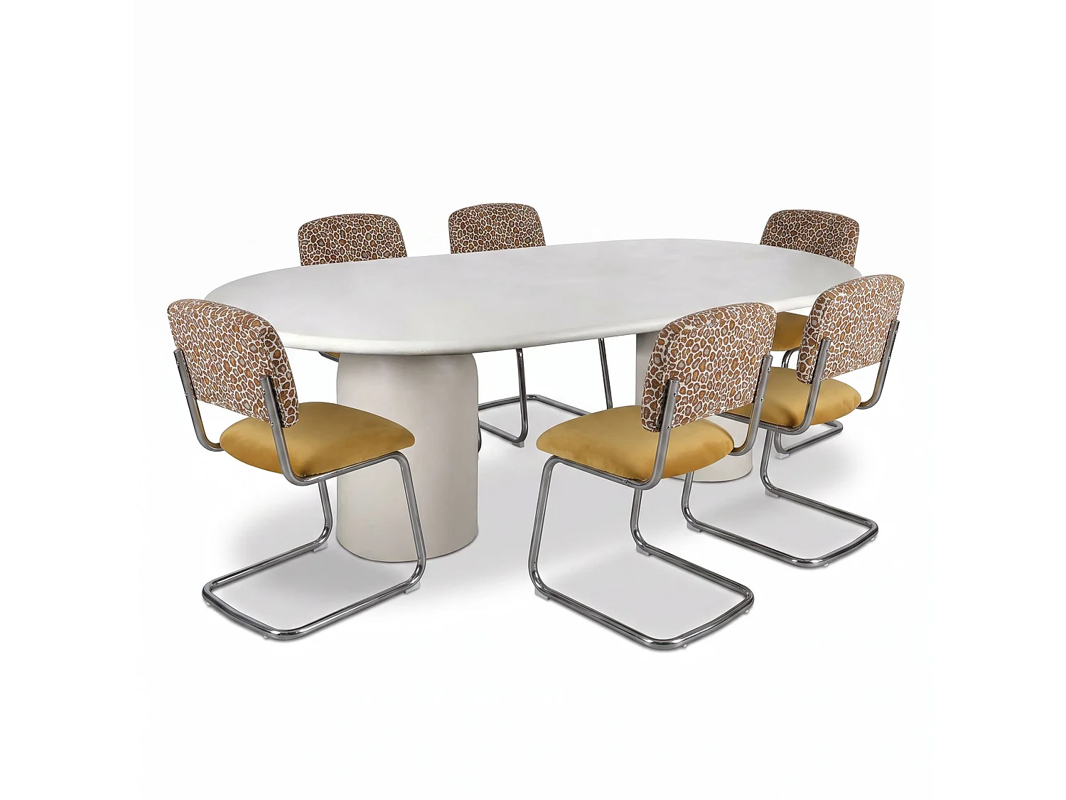 Now's Home - Ens Table Ovale 220cm Effet Ciment + 6chaises Leopard Ocre Doré Feline