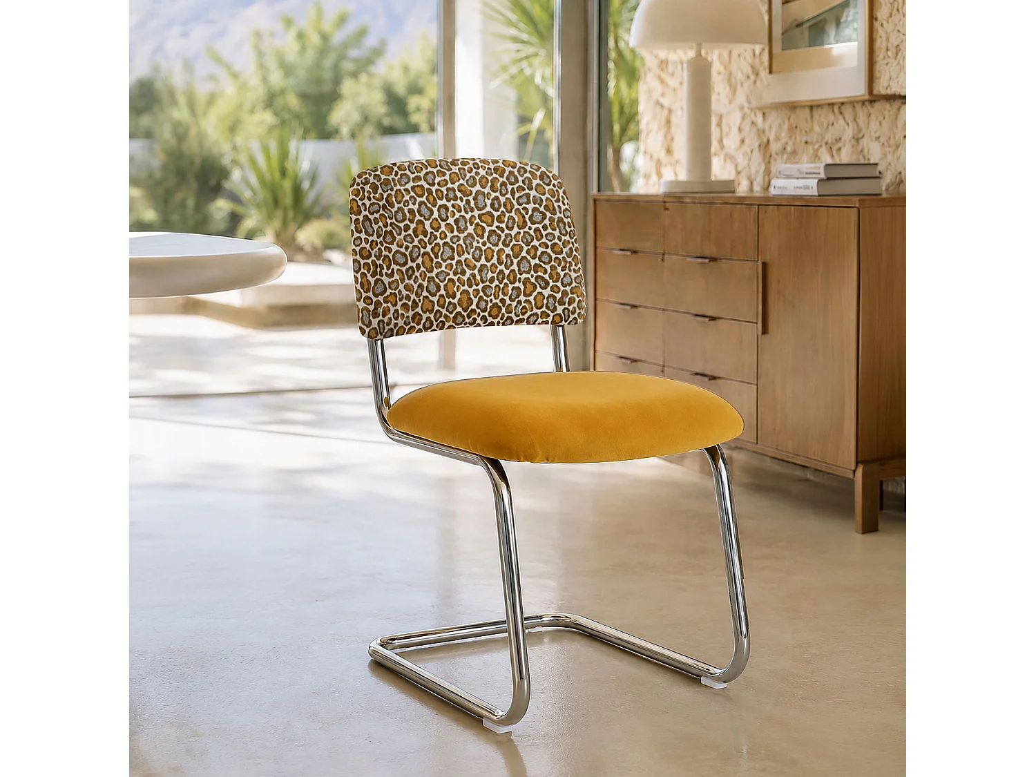 Now's Home - Ens Table Ovale 220cm Effet Ciment + 6chaises Leopard Ocre Doré Feline