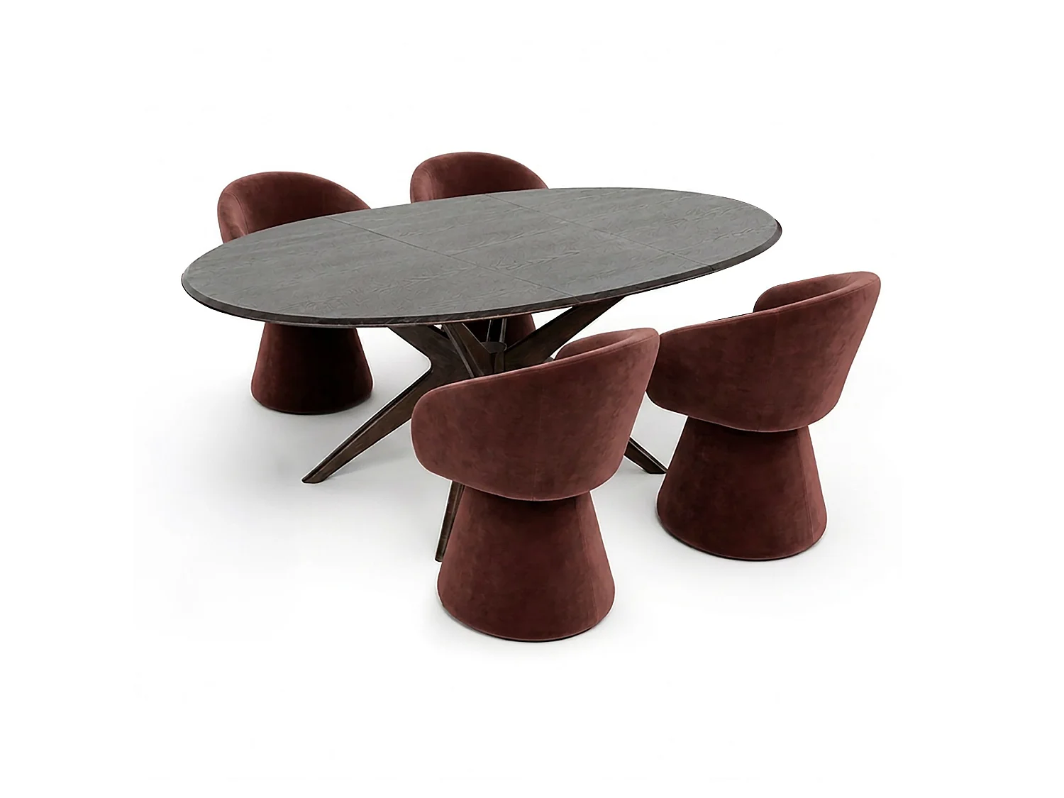 Now's Home - Ens Table Ronde Ext 130- 180cm+4fauteuil Pivotant En Tissu Lie De Vin Alba