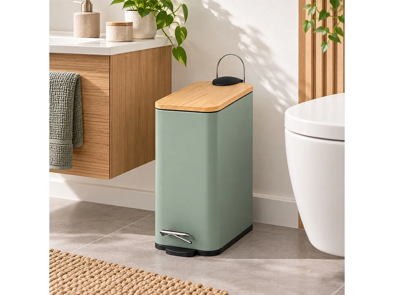 Poubelle à Pédale 5L en Metal Vert Sauge et Couvercle en Bambou Naturel avec Seau-Longueur 25 x Profondeur 14 x Hauteur 27 cm