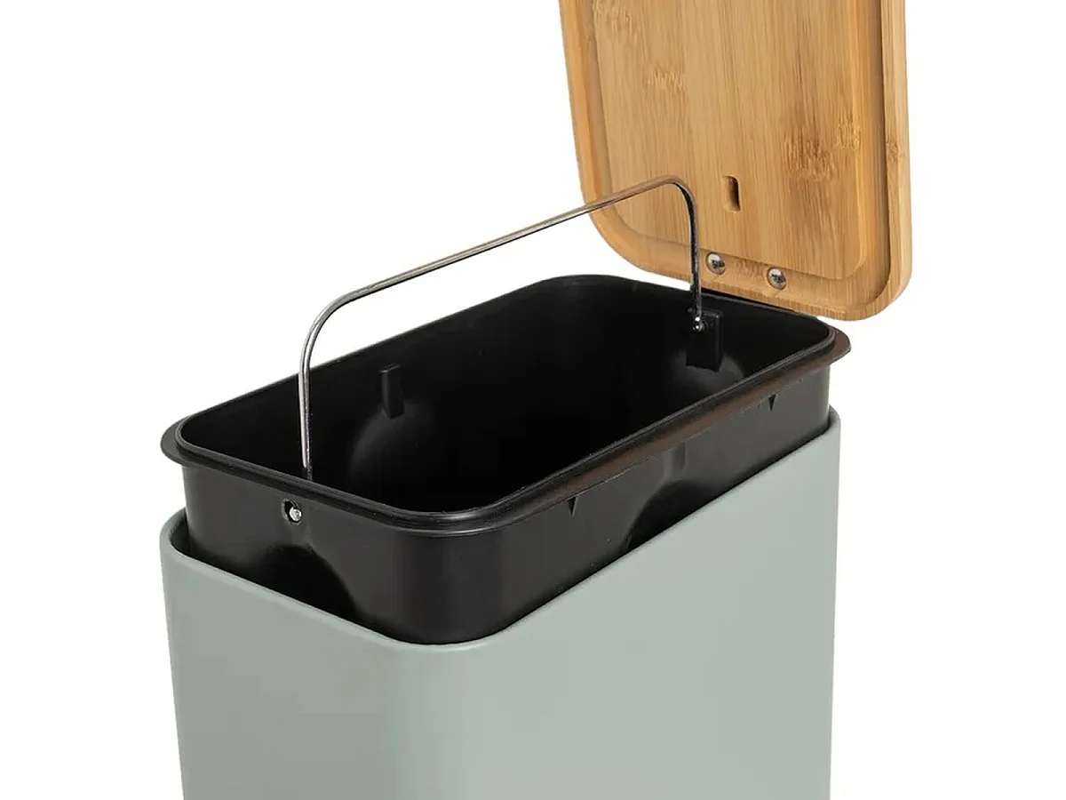 Poubelle à Pédale 5L en Metal Vert Sauge et Couvercle en Bambou Naturel avec Seau-Longueur 25 x Profondeur 14 x Hauteur 27 cm