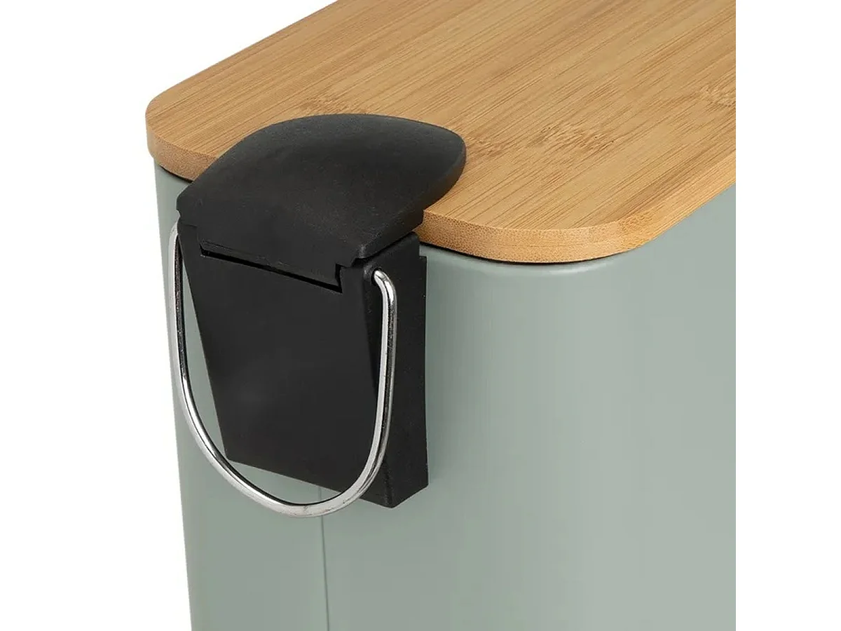 Poubelle à Pédale 5L en Metal Vert Sauge et Couvercle en Bambou Naturel avec Seau-Longueur 25 x Profondeur 14 x Hauteur 27 cm