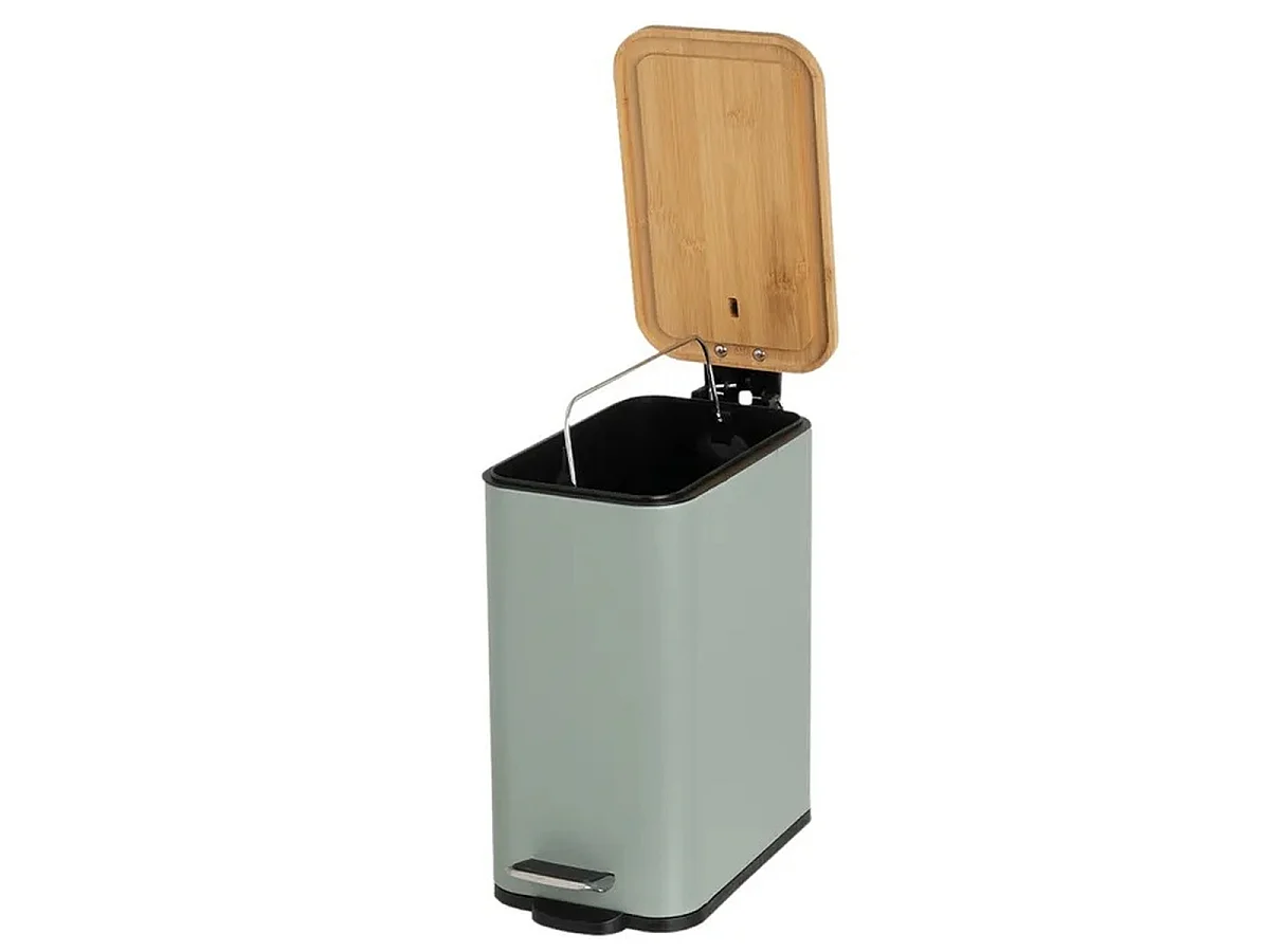 Poubelle à Pédale 5L en Metal Vert Sauge et Couvercle en Bambou Naturel avec Seau-Longueur 25 x Profondeur 14 x Hauteur 27 cm