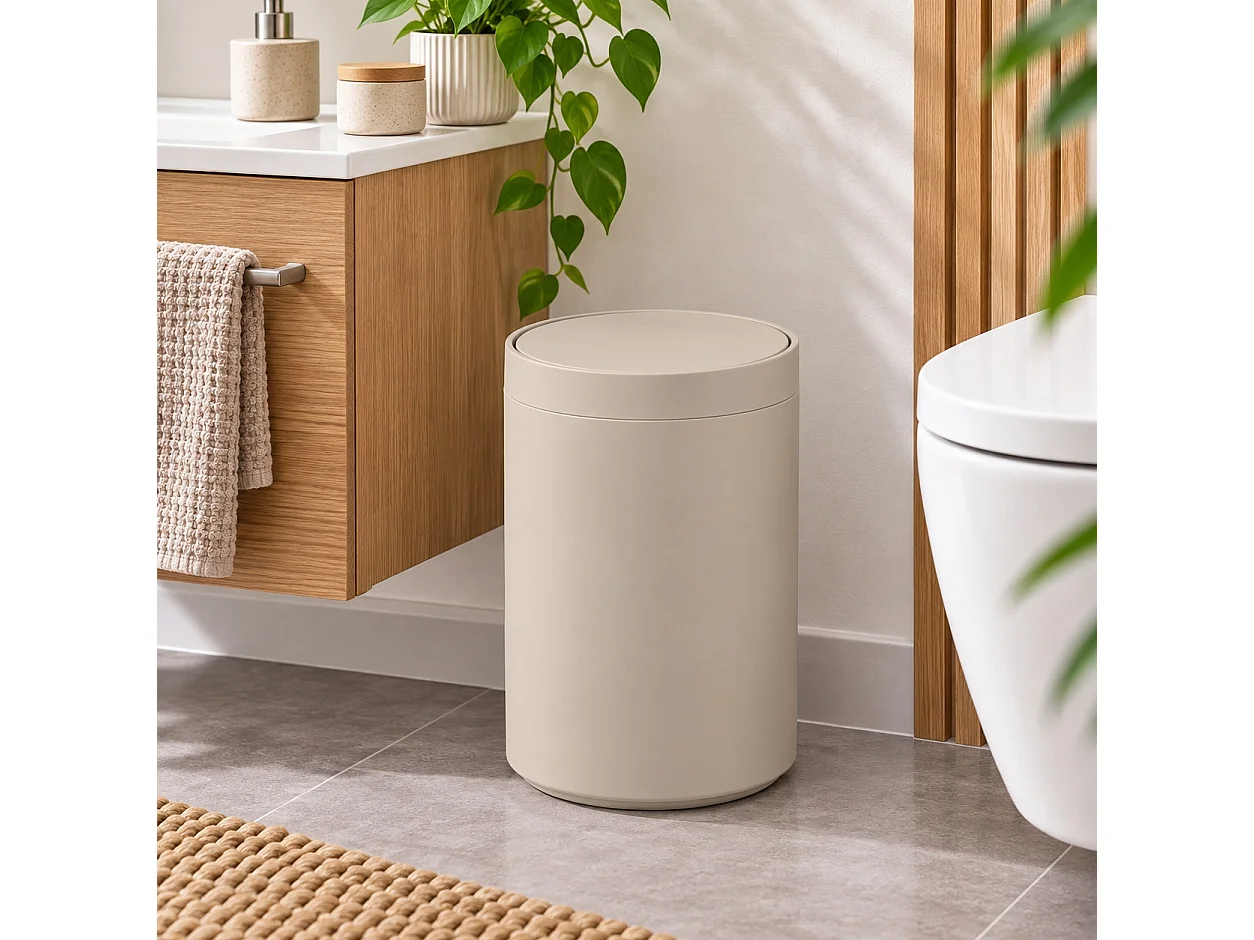Poubelle ronde 5L à Couvercle Basculant en Polypropylène Mate,coloris Beige-Longueur 18 x Profondeur 18 x Hauteur 27 cm