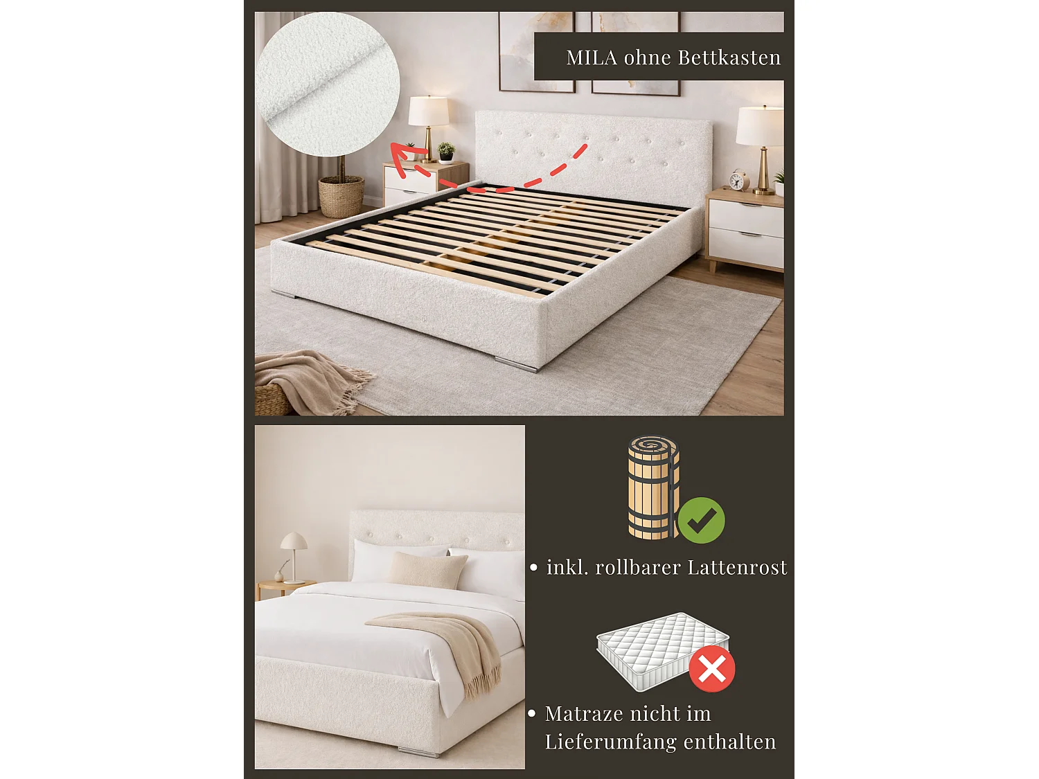 Lit MILA 140 Woolly 07 avec sommier sans matelas