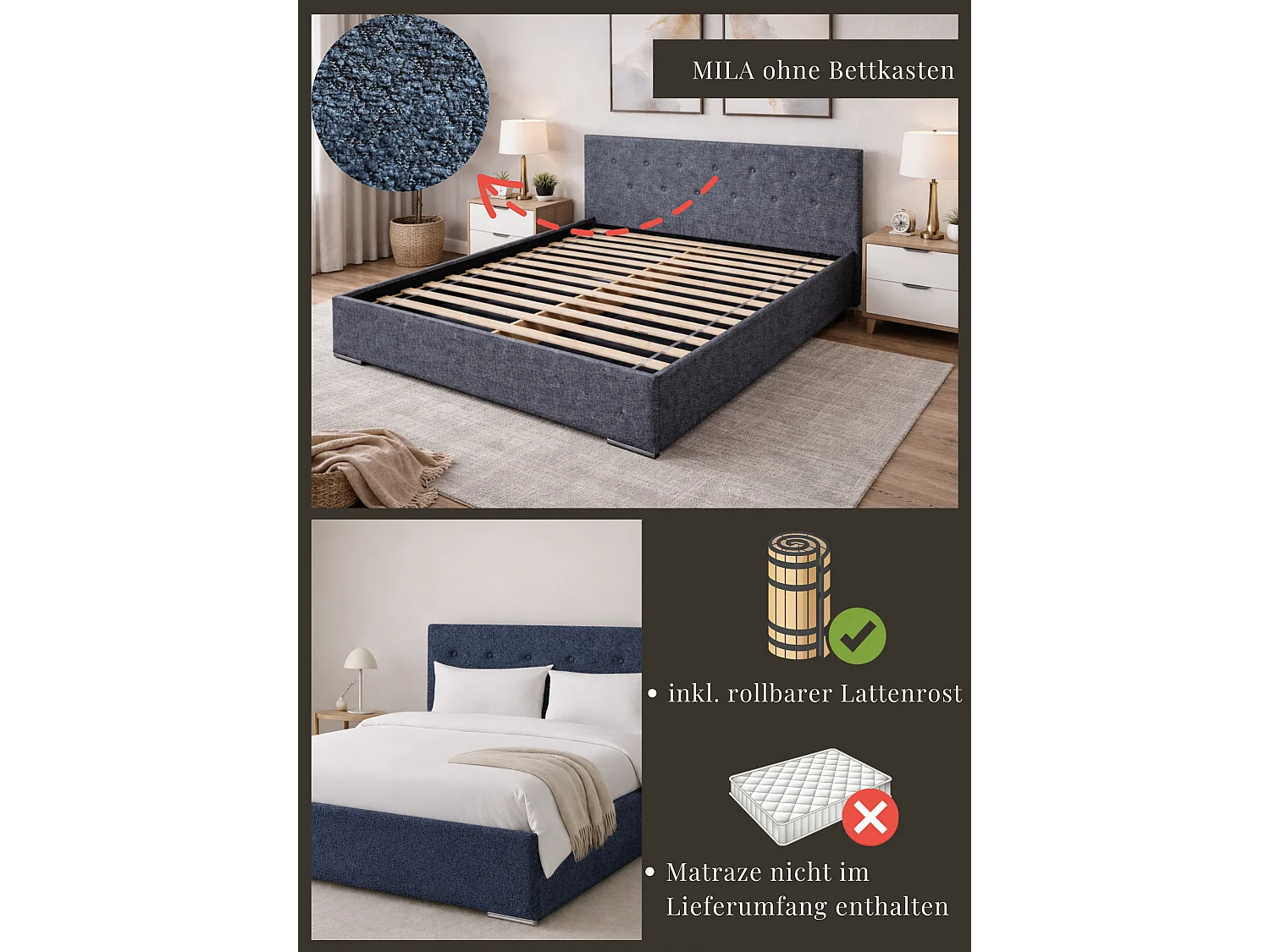Gestoffeerd bed MILA 180x200 Marcello 18311 met lattenbodem zonder matras