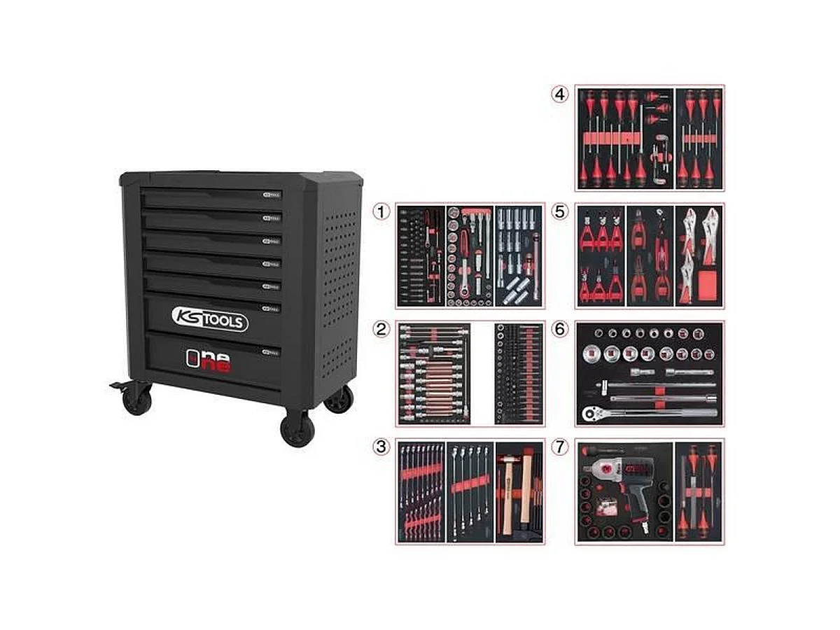 Servante d'atelier KS Tools One by One 7 tiroirs 337 outils en acier noir