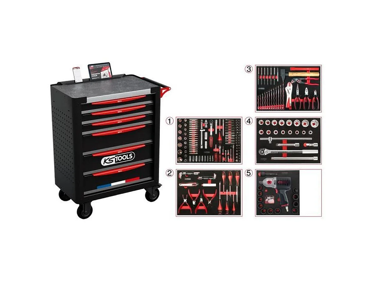 Servante d’atelier KS Tools 824.6298F 6 tiroirs, 298 outils, métal noir et rouge mat