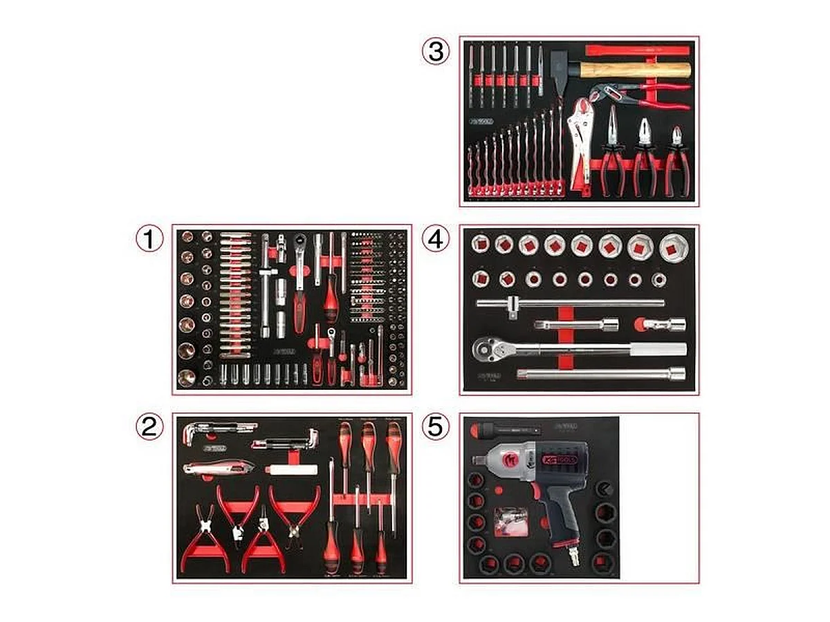 Servante d’atelier KS Tools 824.6298F 6 tiroirs, 298 outils, métal noir et rouge mat