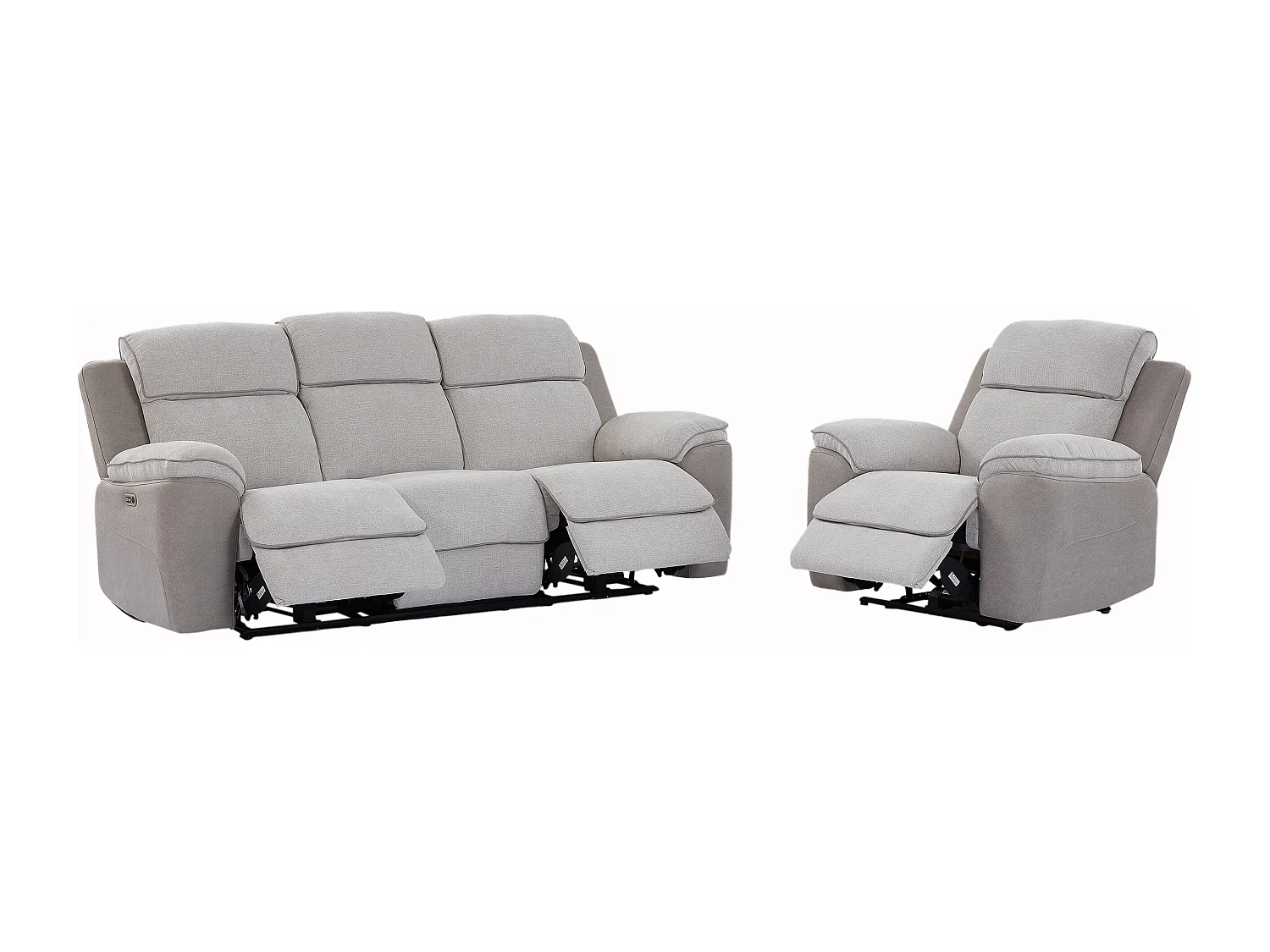 Canapé 3 places et fauteuil relax électrique en tissu gris clair et simili gris MEPONA