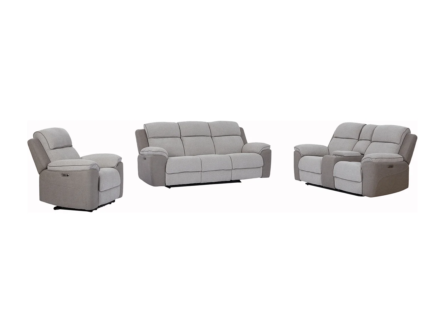 Canapé 3 places, 2 places et fauteuil relax électrique en tissu gris clair et simili gris MEPONA