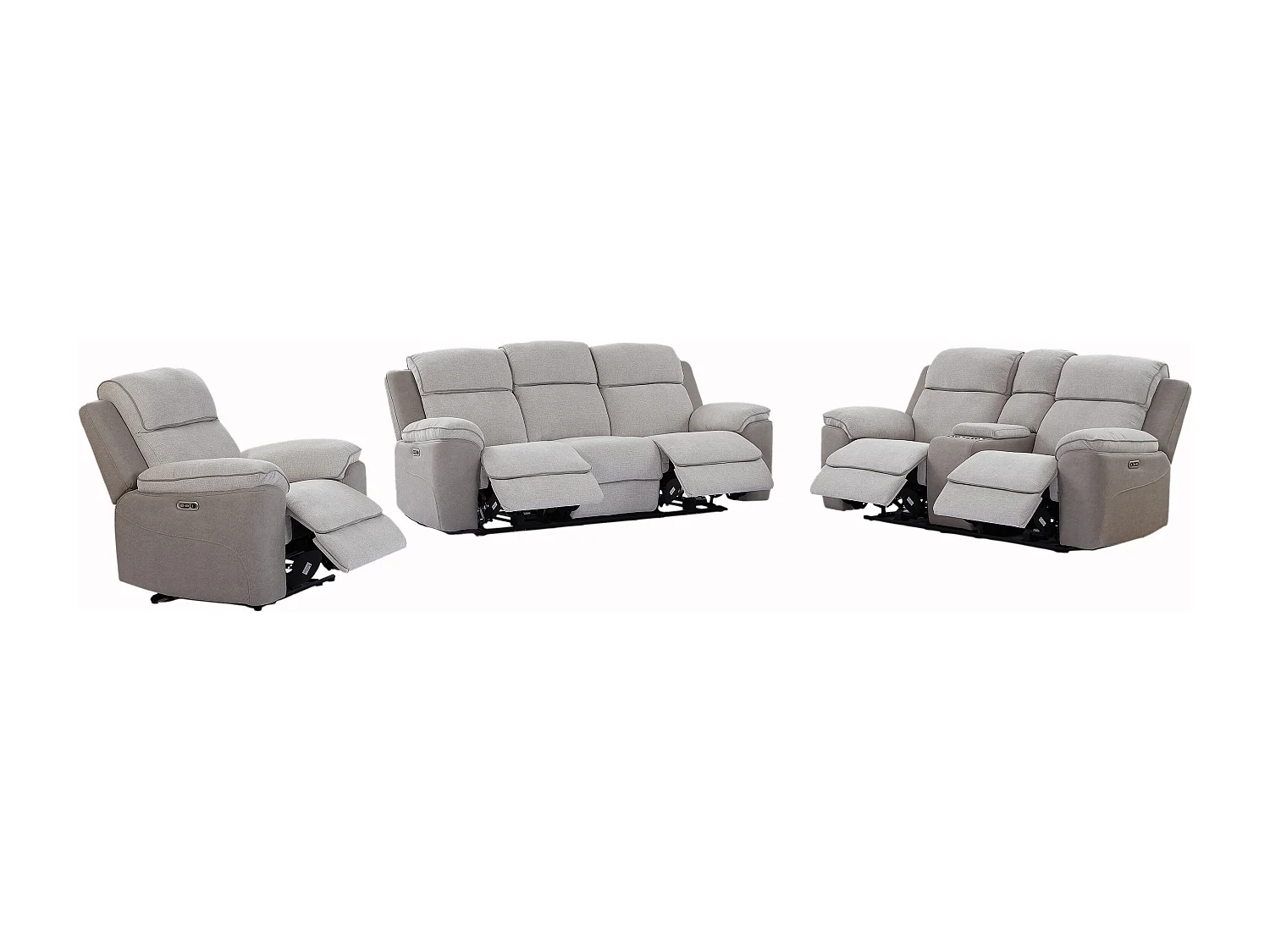 Canapé 3 places, 2 places et fauteuil relax électrique en tissu gris clair et simili gris MEPONA