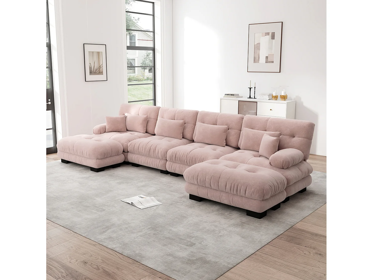 Divano angolare modulare a U a 4 posti, 406 cm, in ciniglia con 2 pouf - Rosa