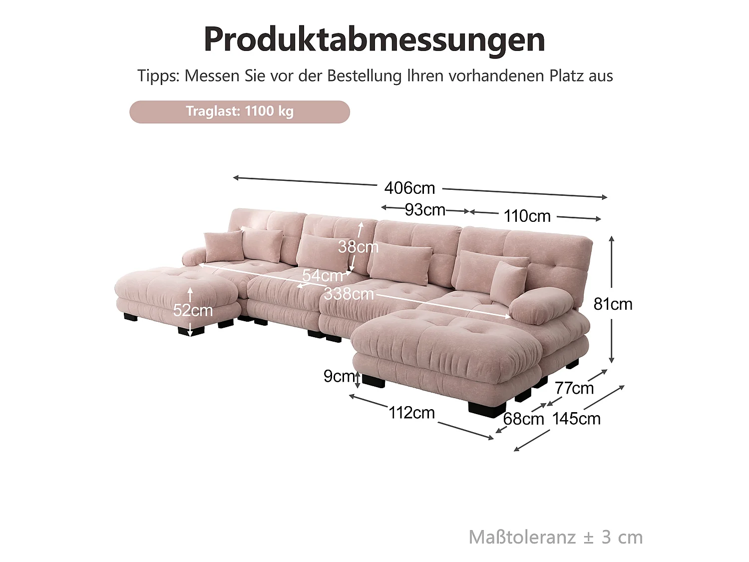 Divano angolare modulare a U a 4 posti, 406 cm, in ciniglia con 2 pouf - Rosa