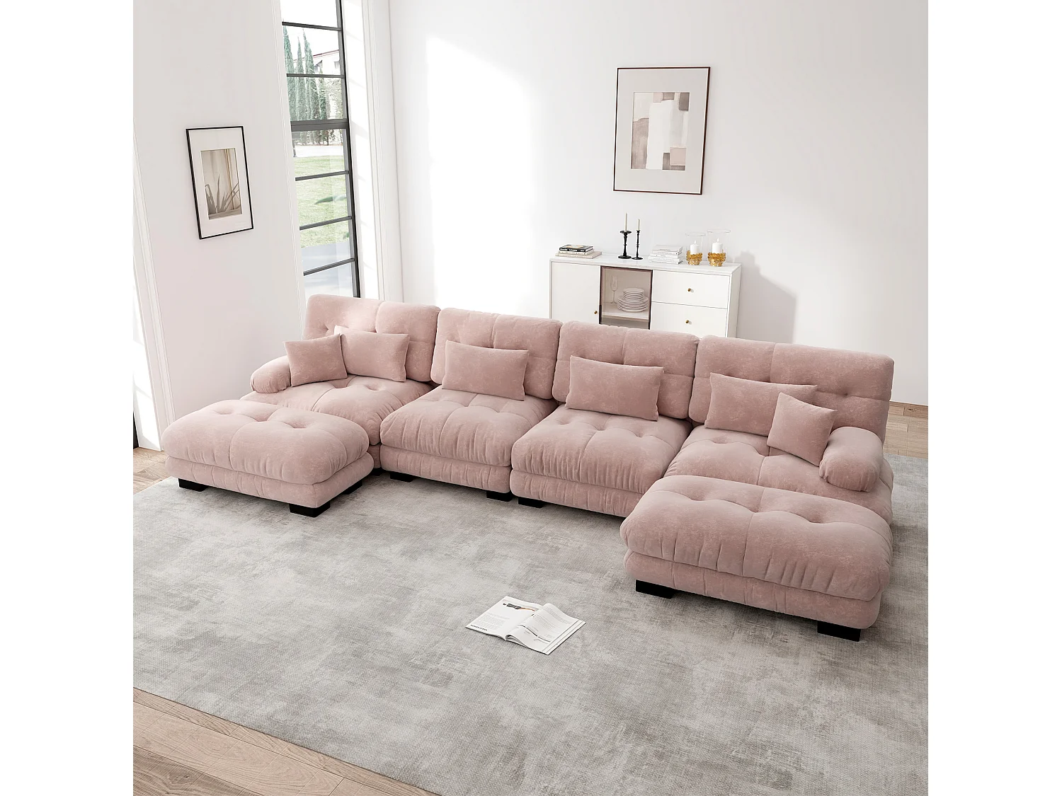 Divano angolare modulare a U a 4 posti, 406 cm, in ciniglia con 2 pouf - Rosa