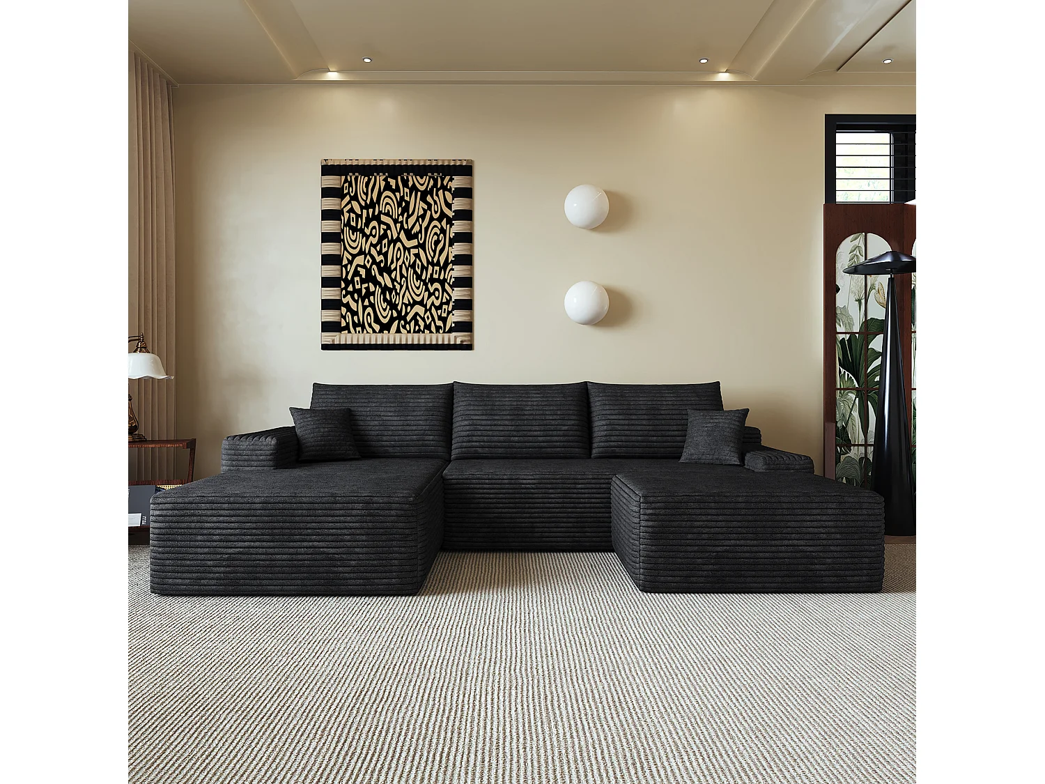 Canapé modulable 3 places 270 cm avec méridienne à gauche et pouf - Noir