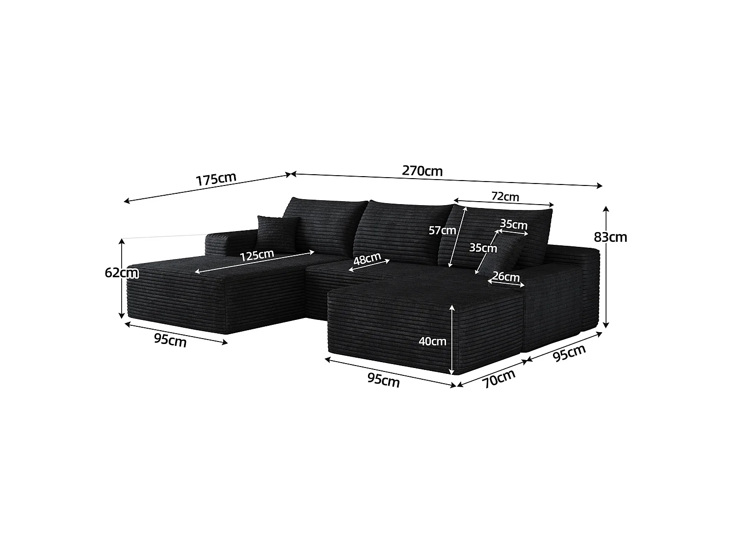 Canapé modulable 3 places 270 cm avec méridienne à gauche et pouf - Noir